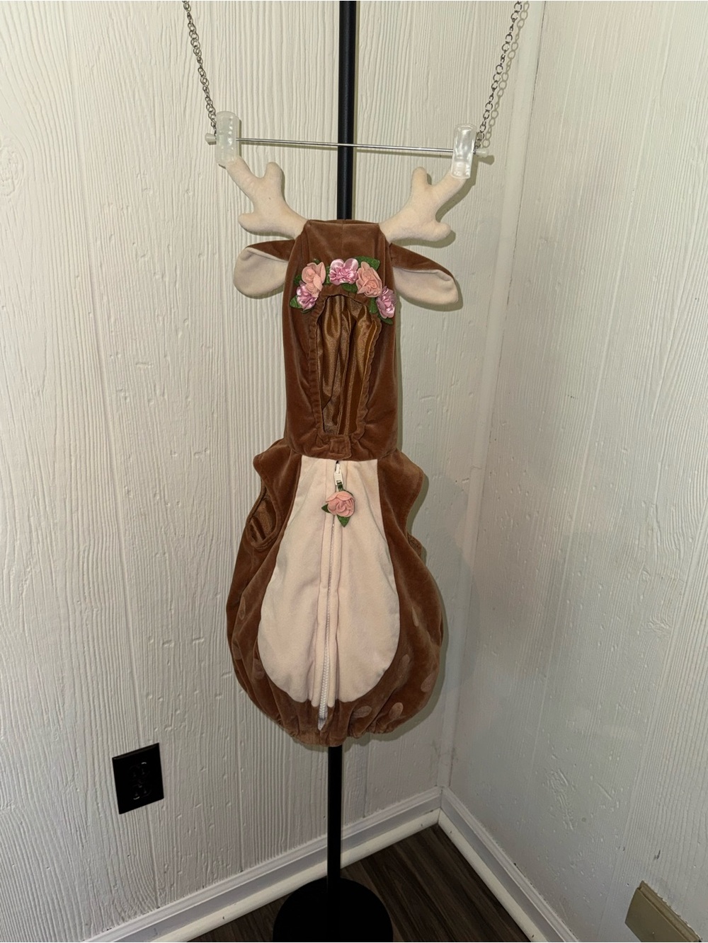 Infant Plush Brown Deer Costume with Pink Flower Crown and Details